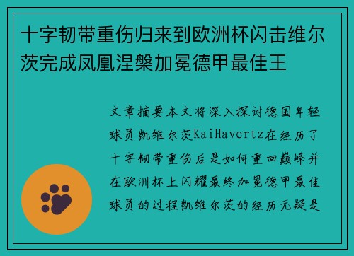 十字韧带重伤归来到欧洲杯闪击维尔茨完成凤凰涅槃加冕德甲最佳王 十字韧带重伤归来到欧洲杯闪击维尔茨完成凤凰涅槃加冕德甲最佳王